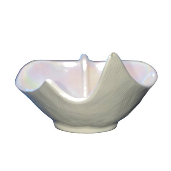 Leaf-Shaped Pearlized Iridescent Ceramic Bowl By Cal Style 2232 USA Mid-Century - Picture 4 of 11